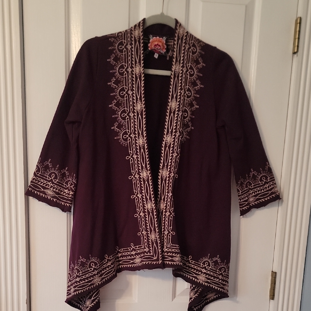 Johnny Was Purple Embroidered Cardigan Sweater Jacket Small Xs